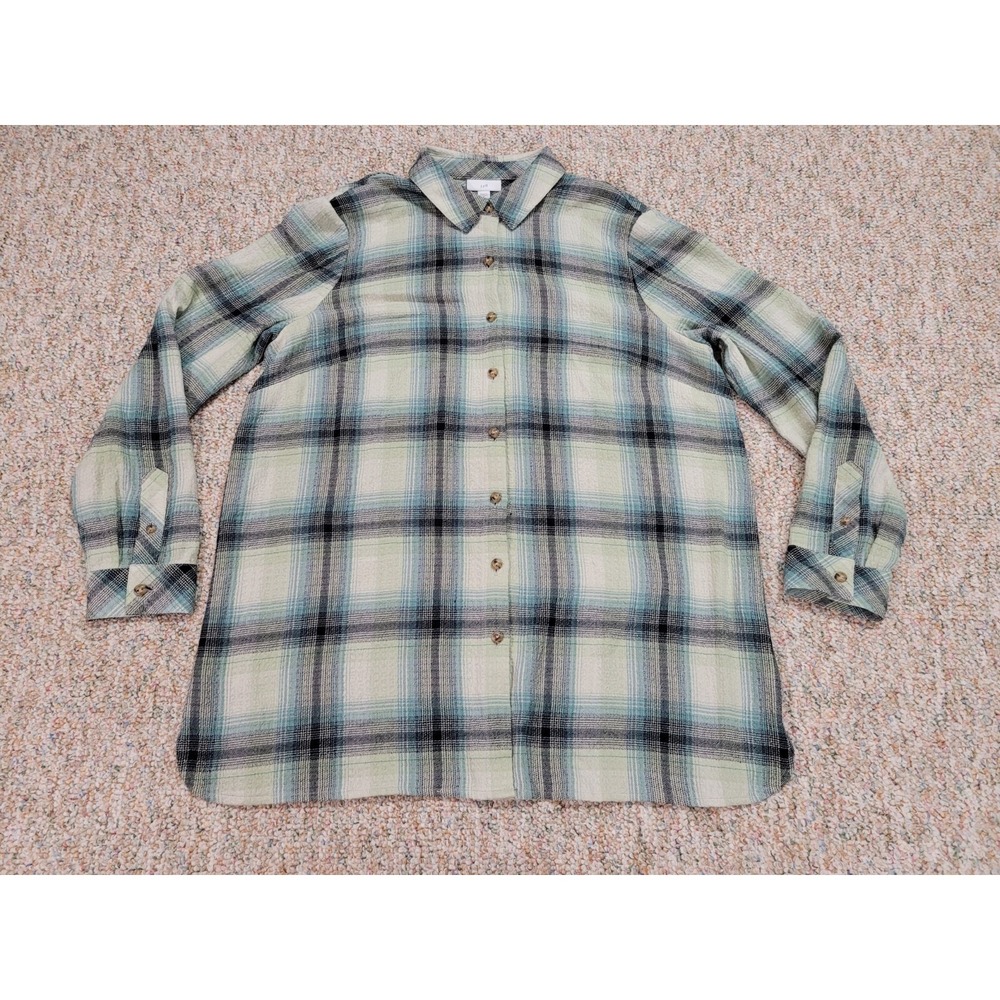 J. Jill Shirt Women Medium Green Blue Plaid Button Down Long Sleeve Casual Tunic